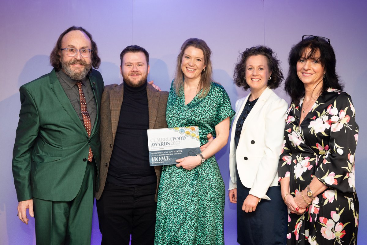 Our Directors @Cartmells_Carol and <a href="/CartmellsDFlynn/">Deborah Helen Flynn</a> were delighted to present the award for Innovation of the Year to the @SimonRoganChef Home team at @CumbriaFood2022 .

Here they are with <a href="/HairyBikers/">Hairy Bikers</a> Dave Myers and Home team's Daniel Cunningham and Brooke Van Hinsbergh.