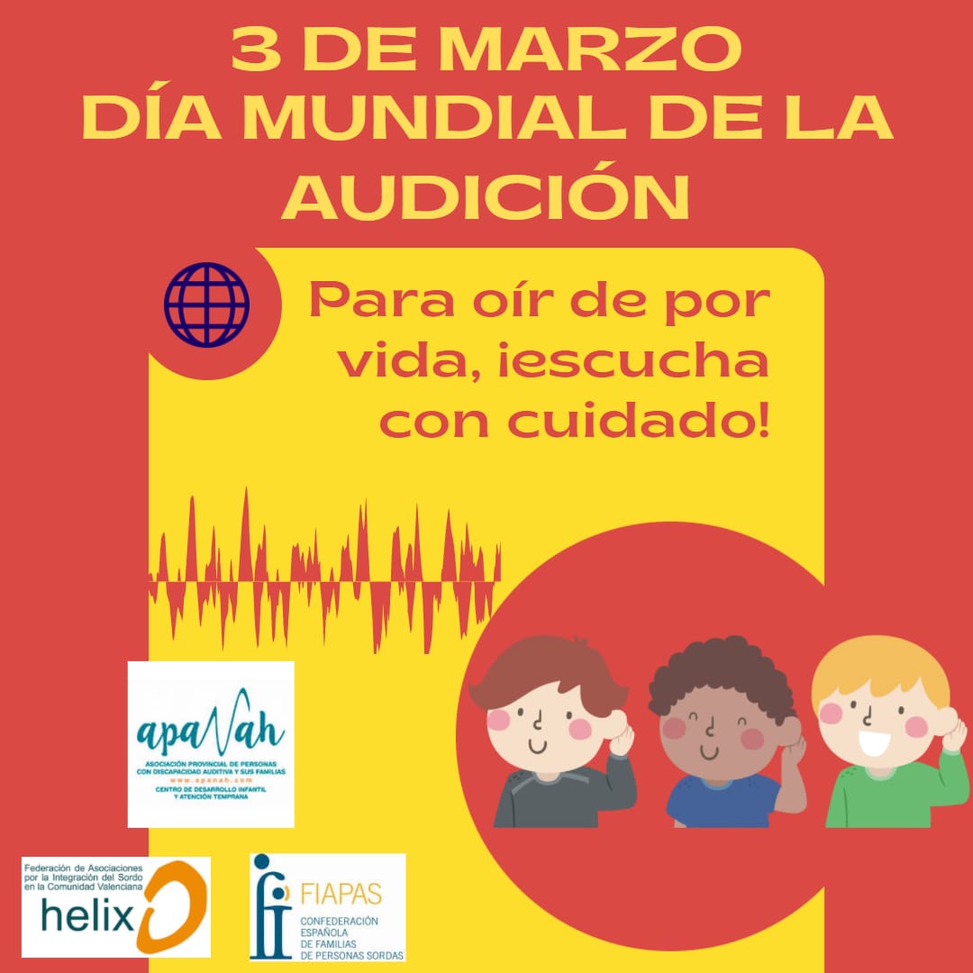 apanah_elda's tweet photo. Apanah Confederación Española de Personas Sordas (FIAPAS), nos unimos al llamamiento de la World Health Organization (WHO) motivo del Día Mundial de la Audición." Para oír de por vida, ¡escucha con cuidado!",  se incide en la necesidad de la prevención y el cuidado de la audición https://t.co/sUkWz4BpT1