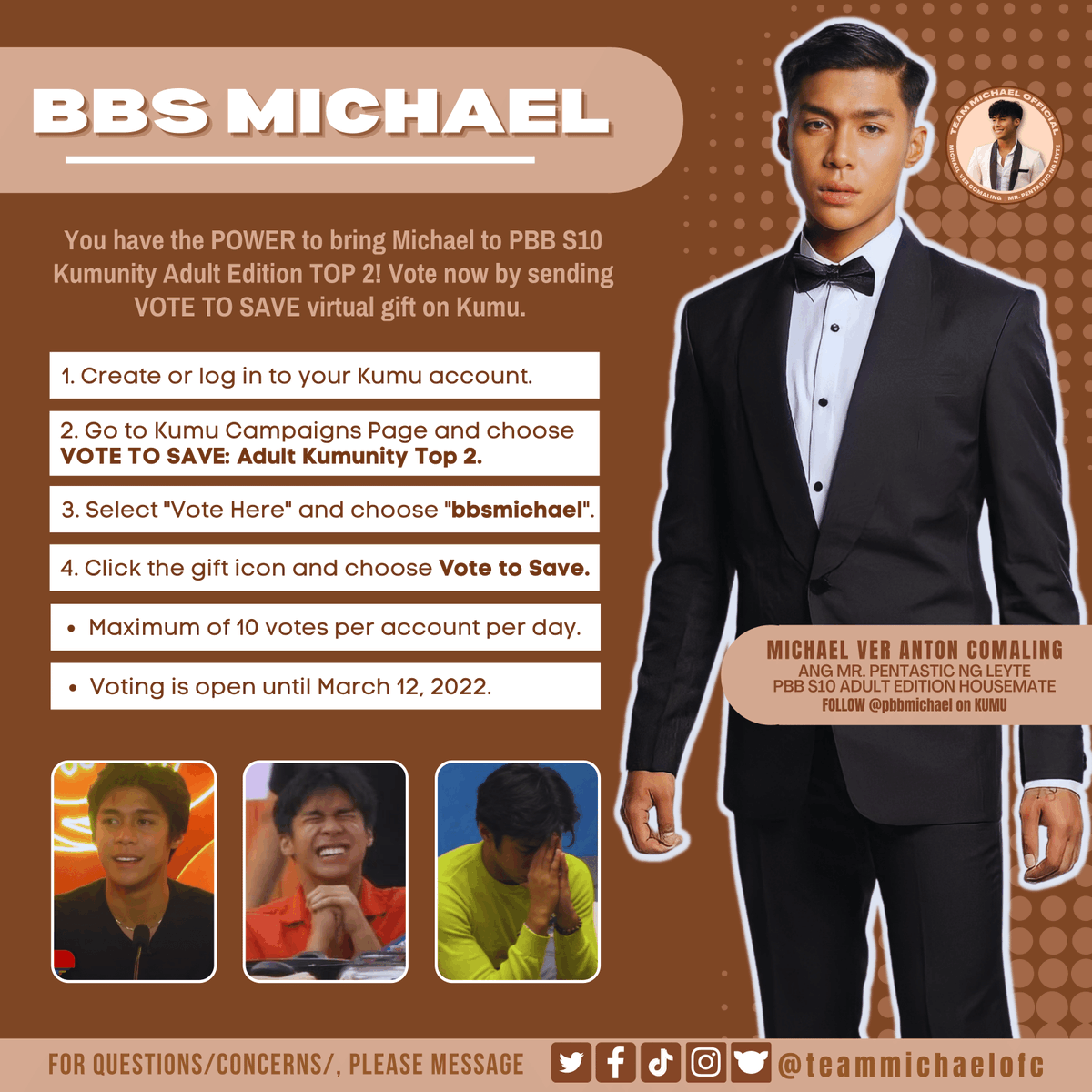 TeamMichaelOFC's tweet photo. BBS MICHAEL

You have the POWER to bring Michael to PBB S10 Kumunity Adult Edition TOP 2! Vote now by sending VOTE TO SAVE virtual gift on Kumu. 

https://t.co/jp4mIRGovt

#PBBAdultCharityTask | Michael Ver Comaling https://t.co/Yx7V1rNfhJ