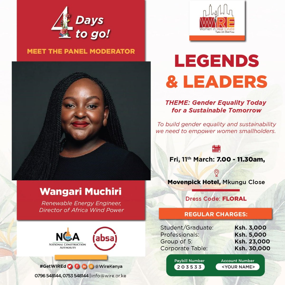WIRE KENYA (@wirekenya) on Twitter photo The count down is on: 4 days to go!!
Join our panel moderator <a href="/WangariTango/">Wangari Muchiri</a>, Renewable Energy engineer and Board Member <a href="/OfficialKGBS/">Kenya Green Building Society</a> on a panel discussion on 'The Intersection between Gender Equality and Environmental Sustainability'
#IWD2022
#breakthebias2022
#WIRELnL2022 The count down is on: 4 days to go!!
Join our panel moderator <a href="/WangariTango/">Wangari Muchiri</a>, Renewable Energy engineer and Board Member <a href="/OfficialKGBS/">Kenya Green Building Society</a> on a panel discussion on 'The Intersection between Gender Equality and Environmental Sustainability'
#IWD2022
#breakthebias2022
#WIRELnL2022