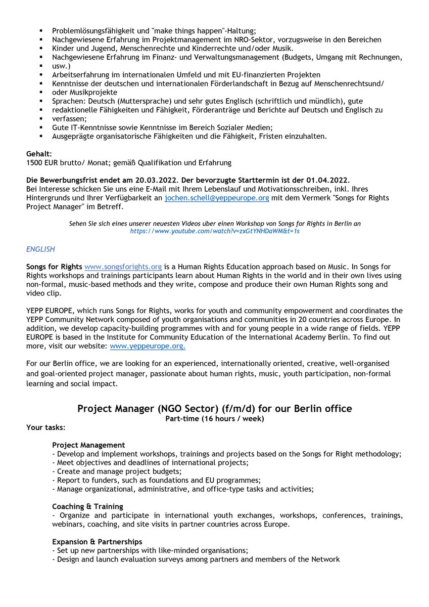 YEPPEUROPE's tweet photo. #job in #Berlin. #NRO Sektor, Songs for Rights Project Manager*in; 16 Std/Woche; Aufgaben: Projektleitung, Coaching, Expansion &amp; Partnerschaften, Fundraising, Kommunikation. Bewerbungsfrist endet am 20.03. https://t.co/bAMUqZRNJ4