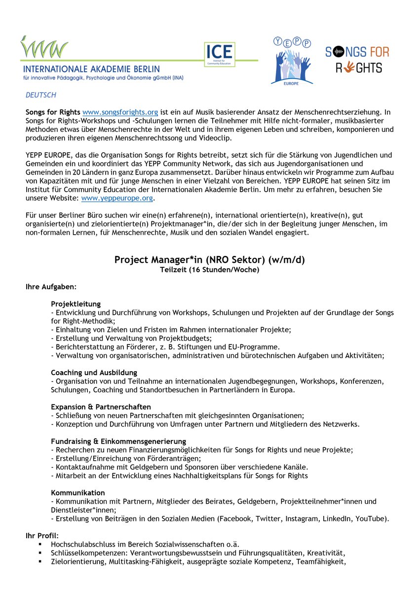 YEPPEUROPE's tweet photo. #job in #Berlin. #NRO Sektor, Songs for Rights Project Manager*in; 16 Std/Woche; Aufgaben: Projektleitung, Coaching, Expansion &amp; Partnerschaften, Fundraising, Kommunikation. Bewerbungsfrist endet am 20.03. https://t.co/bAMUqZRNJ4