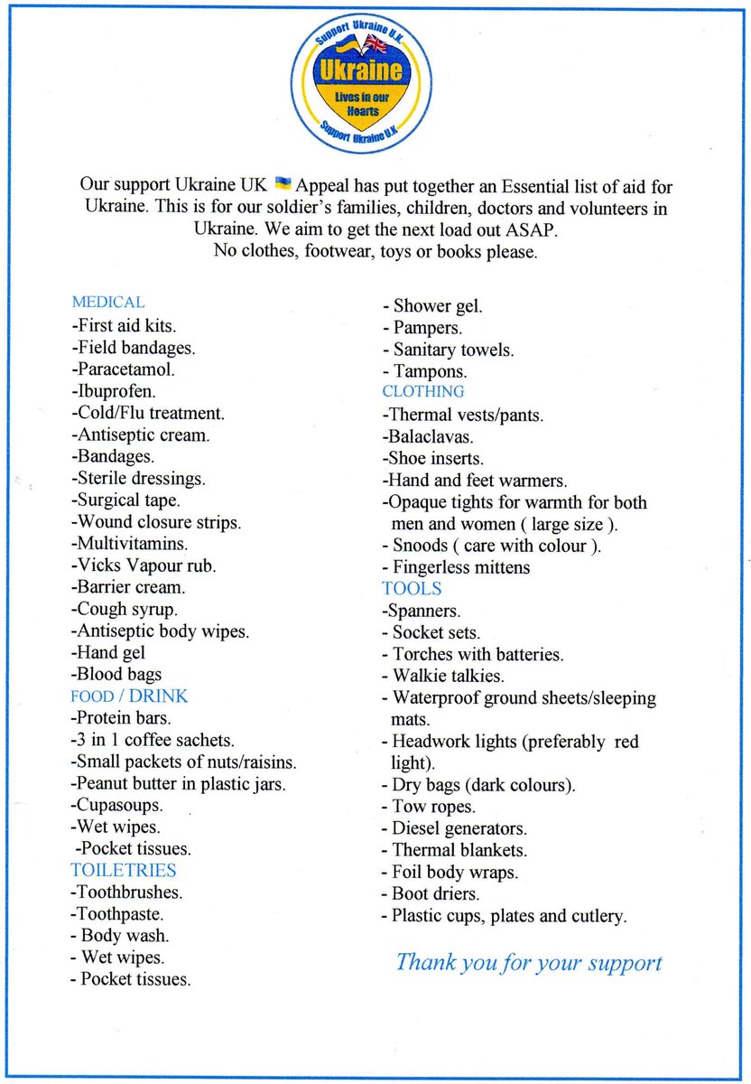 DitchMariapaola's tweet photo. Your donations are URGENTLY needed, especially from the FOOD list and MEDICAL supplies. @ChaplaincyNotts
@NottsHealthcare @BassetlawDC
#SupportUkraineUK #retford #notts #Ukraine https://t.co/DNKjTRYWb6