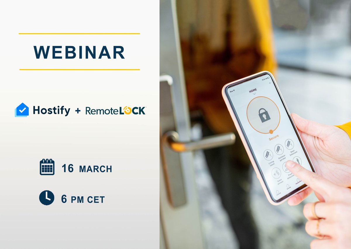 Hostifycom's tweet photo. Are #electroniclocks the best option for your #vacationrentals? Streamline short-stay #guestaccess and control your #properties from anywhere. Learn everything about @remotelock_news & automate guests' access. Here: https://t.co/1BNuM3W9cM
#webinar #homeautomations #smartlocks https://t.co/QdLUO8CfHn