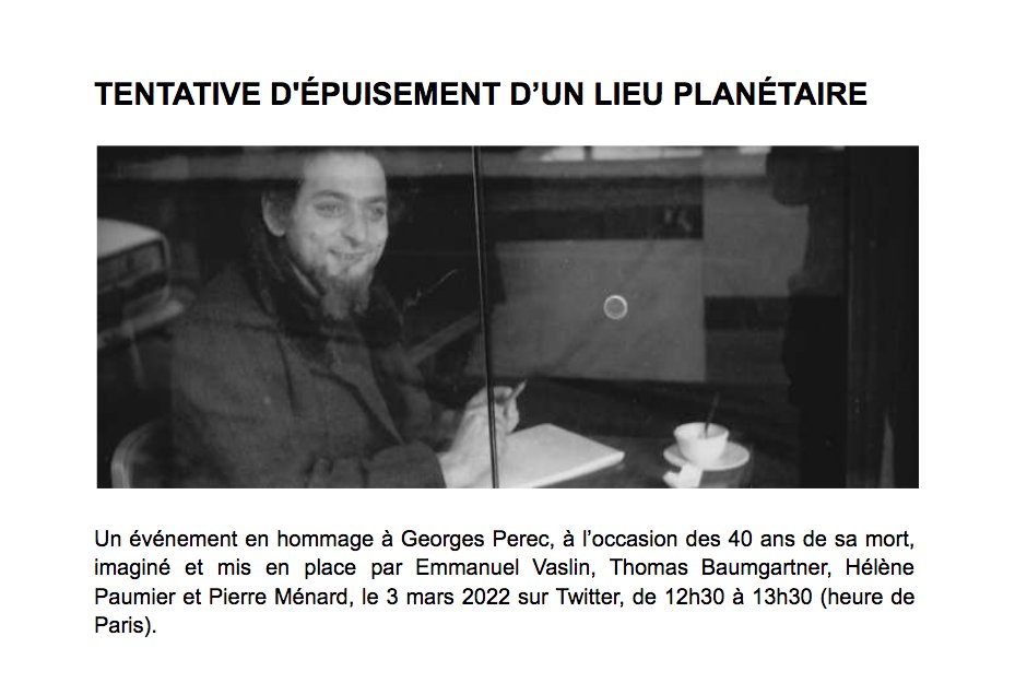 liminaire's tweet photo. L'ensemble des textes de la "Tentative d'épuisement d'un lieu planétaire" écrits le 3 mars 2022 par les 75 participants en hommage à Georges Perec sont à retrouver et à lire en ligne https://t.co/DFx03X2JGm #Perec40 https://t.co/nvHD9w1UWt