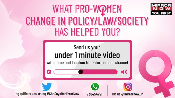 MirrorNow's tweet photo. This #WomensDay, our dear #women followers can record <1 minute videos and tweet to us Mirror Now using #SheSaysOnMirrorNow - "good changes around me" ♀️✨🌸
Get a chance to be featured on our channel & social media
#JoyOfEquality https://t.co/i0YsizQWNt