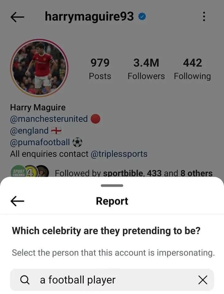 احد الجماهير الانجليزيه قام بالابلاغ عن حساب هاري ماجوير أنه ينتحل شخصيه لاعب كرة قدم 😂😂😂