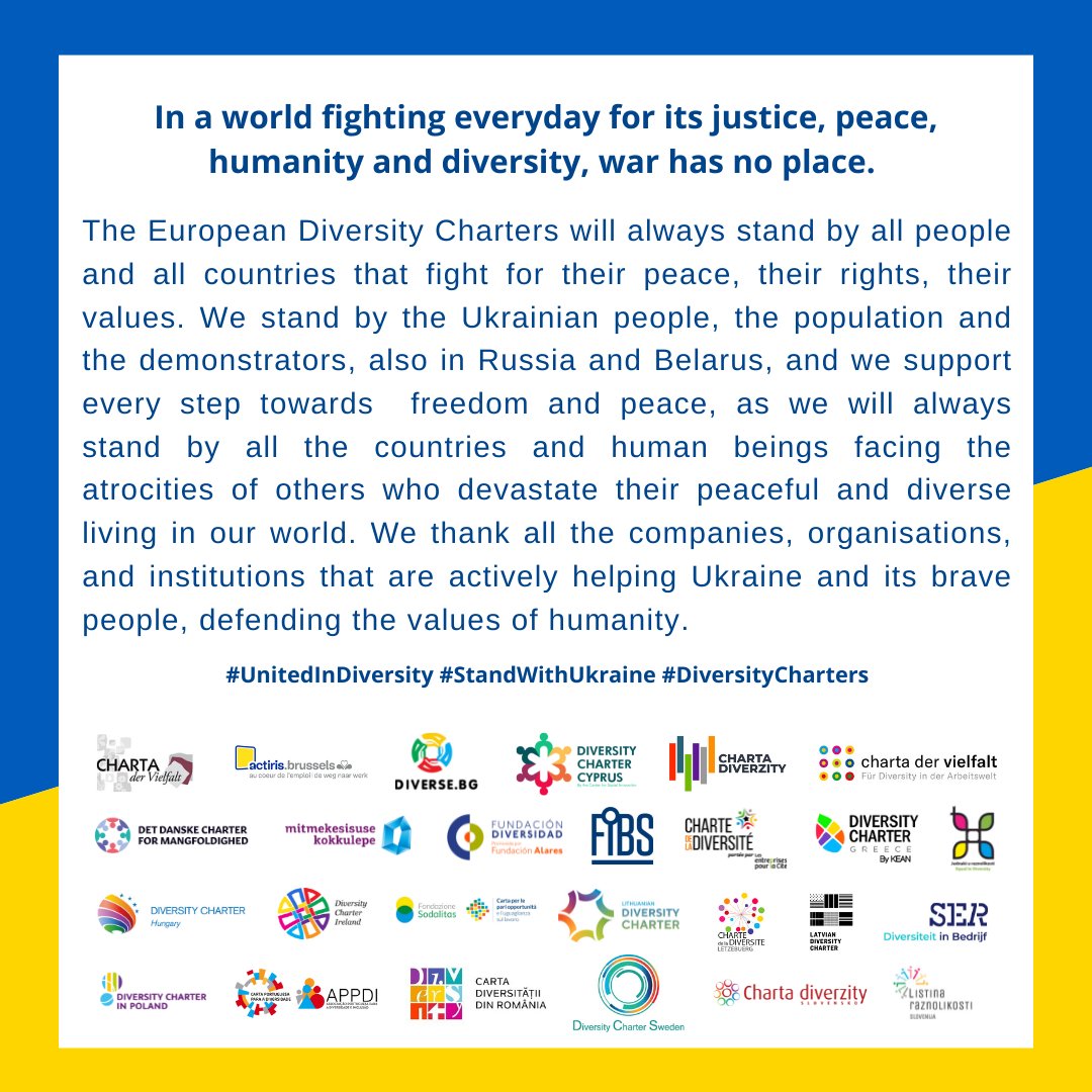 Together with #DiversityCharters from all over Europe, we #StandWithUkraine 🇺🇦 

And we are #UnitedInDiversity 🤝
#SolidarnizUkrainą