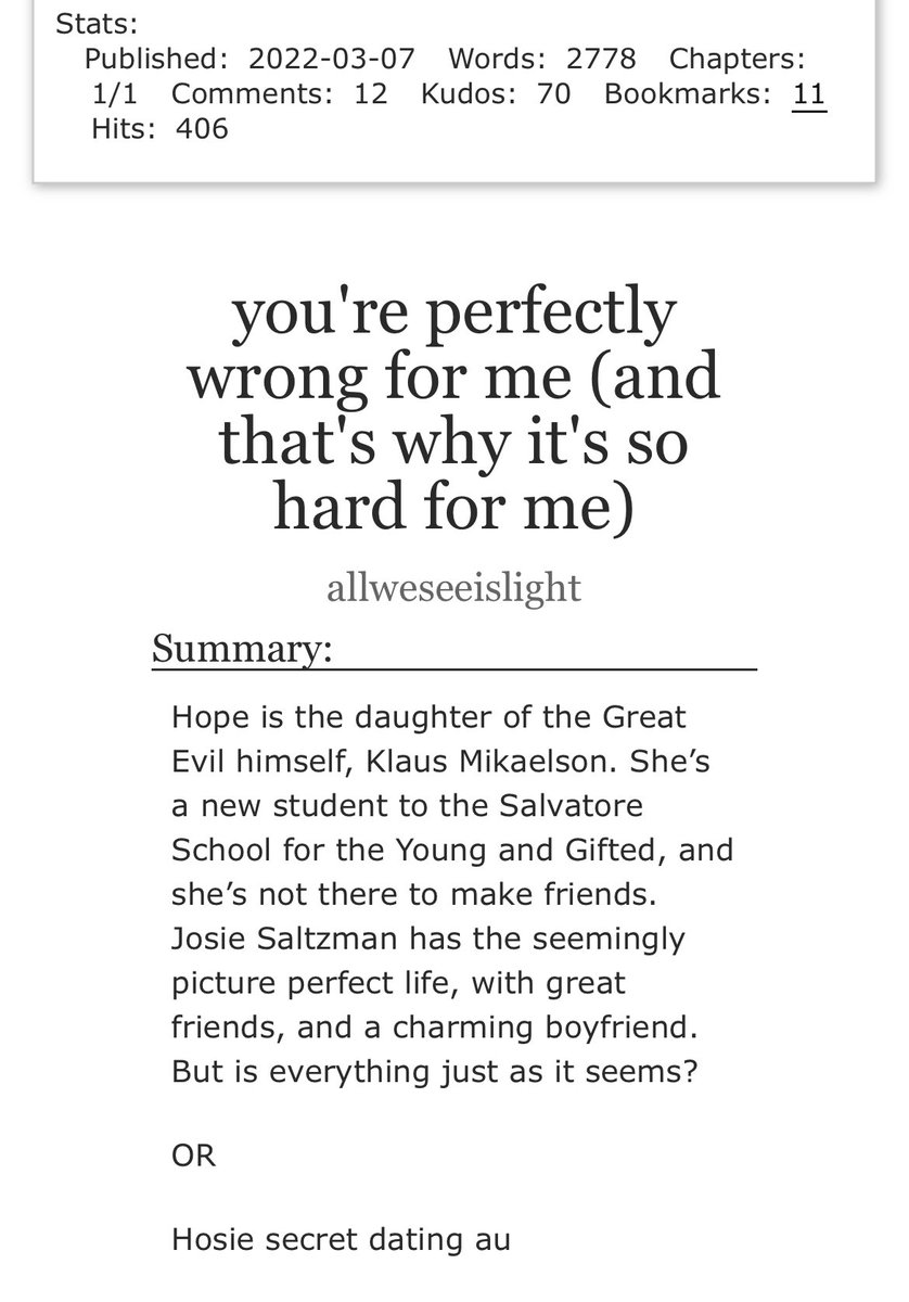 HosieStan69's tweet photo. 🛎🛎🛎NEW HOSIE FIC 🛎🛎🛎
“You're perfectly wrong for me (and that's why it's so hard for me)” By: allweseeislight
https://t.co/0drw7wG3sq
#hosie #hopemikaelson #JOSIESALTZMAN #hosiefanfic #hosiefic #lnht #talentedauthor #LGBTQIA #fanfiction #fanfic https://t.co/Hio43NikLI