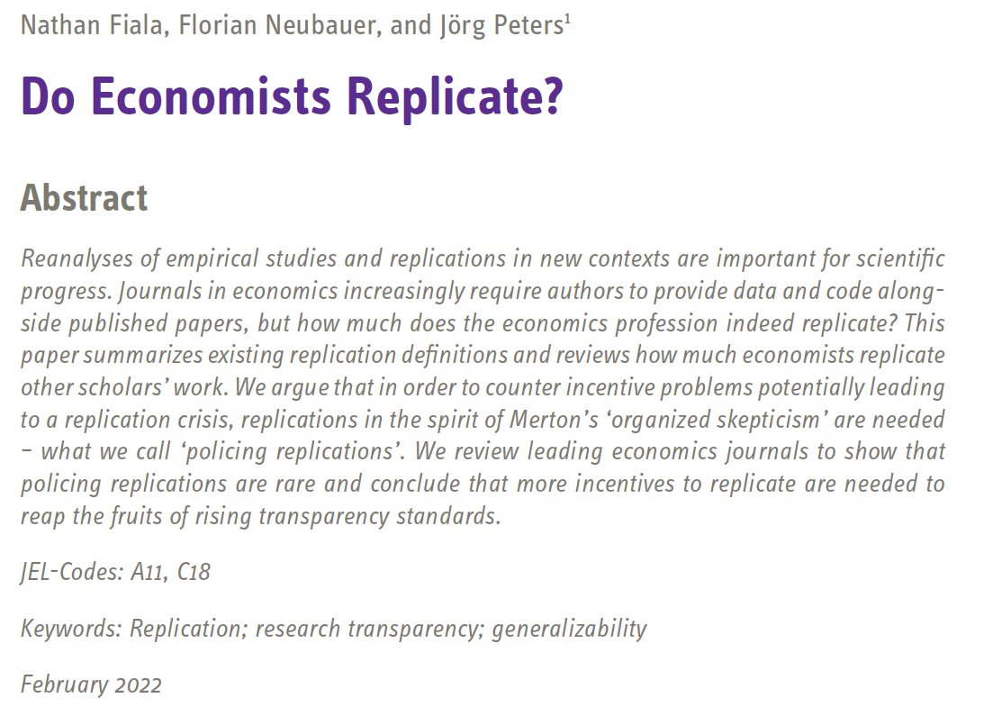 Jörg Ankel-Peters (@jrgptrs) on Twitter photo Do economists replicate? New DP, powered by <a href="/meta_rep/">Priority Programme "Meta-science & Replicability"</a>, joint w <a href="/NathanFiala/">Narhan Fiala</a> & F Neubauer. Previous research rightly diagnoses a sharp increase in code & data posting. We argue this only leads to better research practices if the profession replicates 1/7 bit.ly/3MpBFQM Do economists replicate? New DP, powered by <a href="/meta_rep/">Priority Programme "Meta-science & Replicability"</a>, joint w <a href="/NathanFiala/">Narhan Fiala</a> & F Neubauer. Previous research rightly diagnoses a sharp increase in code & data posting. We argue this only leads to better research practices if the profession replicates 1/7 bit.ly/3MpBFQM