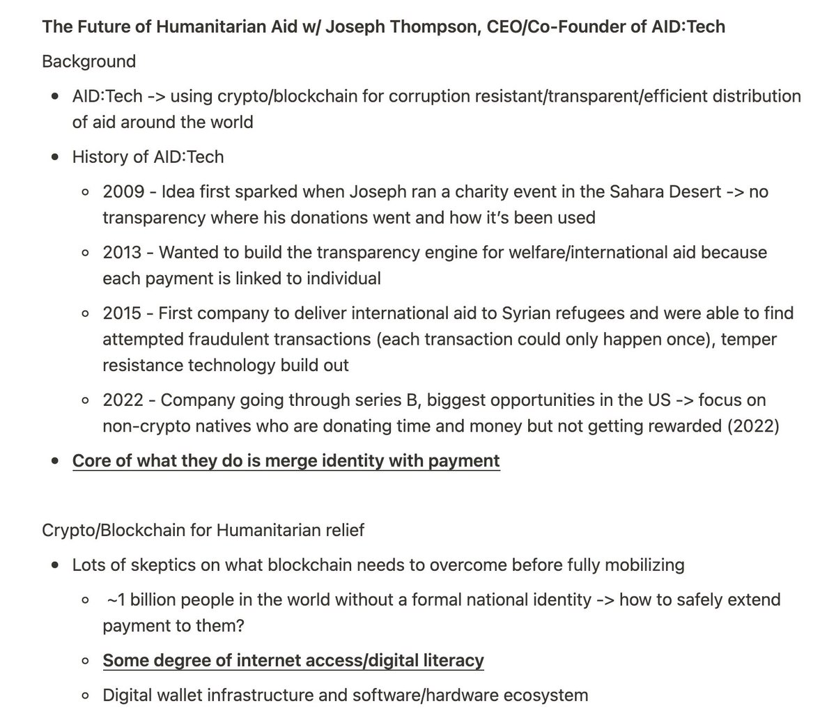 _chakkyJR's tweet photo. 📝on @jerallaire 's The Money Movement episode with @JosephThompson (AID:Tech) - was super excited for this episode, always curious how blockchain will accelerate aid and microfinance (think Kiva) for the unbanked. Digital identity interoperability remains top focus for Joseph. https://t.co/LhOd38Zitw