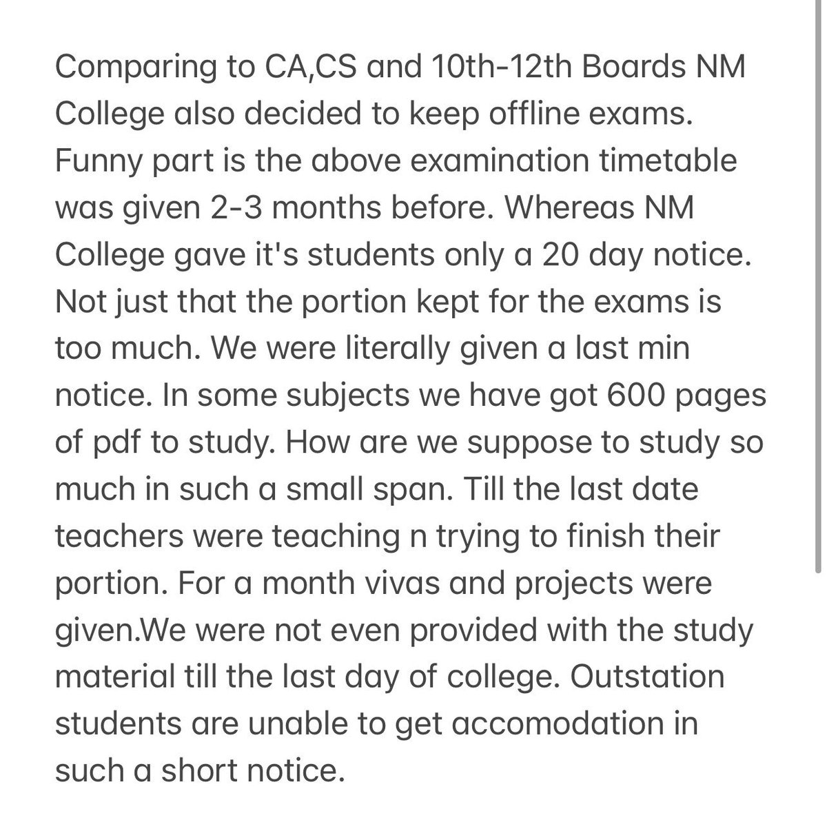 _shreedhar_'s tweet photo. We the students of NM College would like to have everyone's attention that in spite of MU declaring online exams we are forced to appear for Offline exams in such a short period. 
#nmcollege #OnlineExam #JusticeForStudents https://t.co/tkIgRQeclI