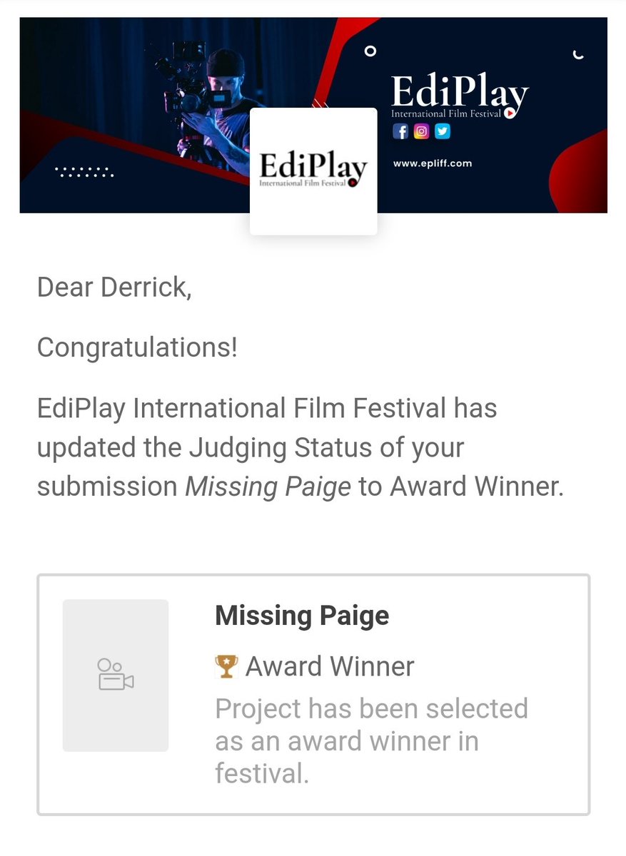 DerrickMoorer's tweet photo. Amazing news! "Missing Paige " was just awarded Best Series Pilot by @EdiplayF via https://t.co/OlvrZb8f6l! - https://t.co/hemCWaji8q