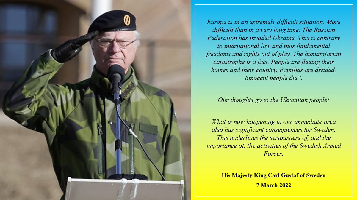 OAanmoen's tweet image. The Swedish king has strongly condemned the Russian attack on Ukraine. 🇸🇪👑🇺🇦

King Carl Gustaf did this in full military uniform during a visit to the regiment in Karlsborg on Monday.

#StandWithUkraine️