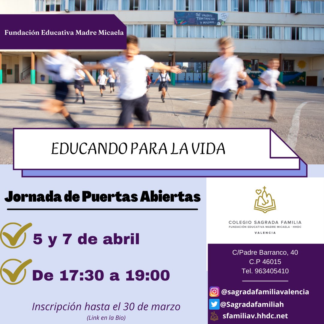 🏫JORNADA DE PUERTAS ABIERTAS 2022🏫
Nuestro cole se abre para que, todos los interesados e interesadas en matricular a vuestro hijo e hija el año que viene en nuestro centro, podáis conocernos.
Apúntate en el siguiente enlace:
docs.google.com/forms/d/e/1FAI…
¡Te esperamos!❤️