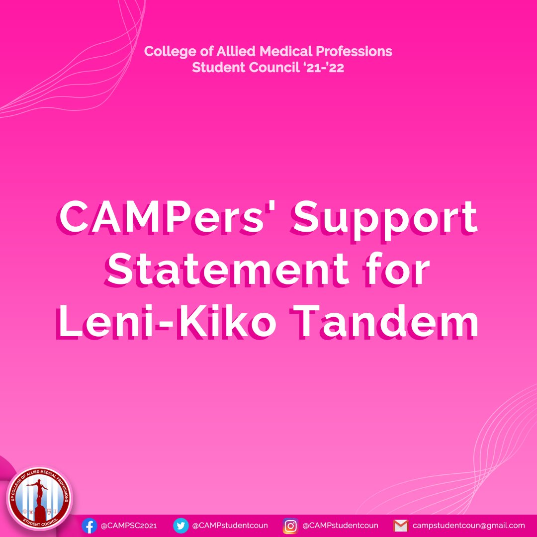 upcampsc's tweet photo. READ: OFFICIAL LENI-KIKO ENDORSEMENT LETTER OF THE STUDENT ORGANIZATIONS OF THE UP MANILA COLLEGE OF ALLIED MEDICAL PROFESSIONS

#KaCAMPinks
#PWDInclusivity
#KulayRosasAngBukas
#LeniKiko2022 https://t.co/e2t9o1ubj3