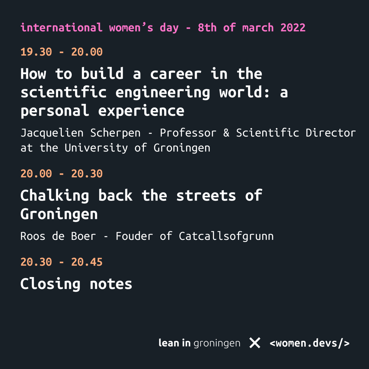 _stellats's tweet photo. Few hours left for the Lean In Groningen X Women Devs event and the official schedule is here!
RSVPs close tomorrow at 8:30 am (CET), you still have some time if you want to join us!
RSVP: https://t.co/PqLyxyfzbZ
Design work: https://t.co/Jbp2X6KcLy
#IWD2022 #CelebratingWomen https://t.co/k0OqLMOwSL