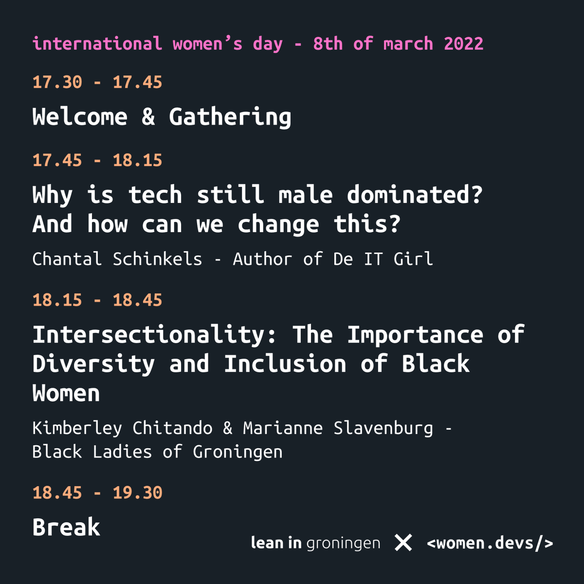 _stellats's tweet photo. Few hours left for the Lean In Groningen X Women Devs event and the official schedule is here!
RSVPs close tomorrow at 8:30 am (CET), you still have some time if you want to join us!
RSVP: https://t.co/PqLyxyfzbZ
Design work: https://t.co/Jbp2X6KcLy
#IWD2022 #CelebratingWomen https://t.co/k0OqLMOwSL