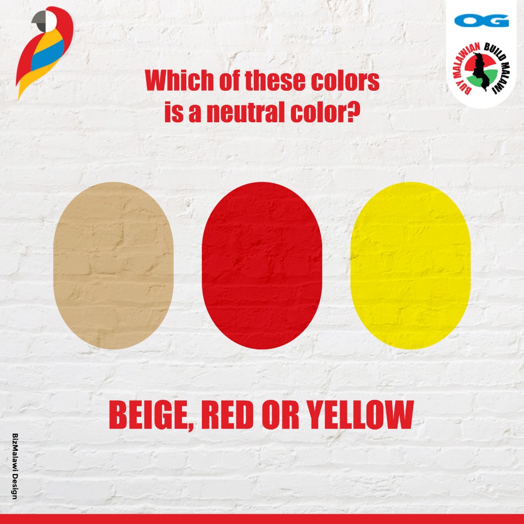 Bizmalawi's tweet image. Which of these colors is a neutral color?
Beige, Red, Or Yellow?
Put your answer in the Comment Box below.

More Info:- bizmalawionline.com/listing/tropic…

#NeutralColor #Beige #Red #Yellow #Colors #TropicalPaints #Malawi