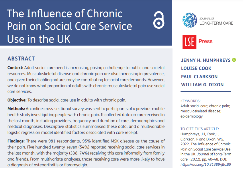 📢New paper: Pain and the social care 

Understanding the relationship between #MSK #Chronic #Pain and social care will allow better design of social care services &amp; opportunity to develop prevention strategies.

Full paper 👉 doi.org/10.31389/jltc.…

#WeAreVersusArthritis