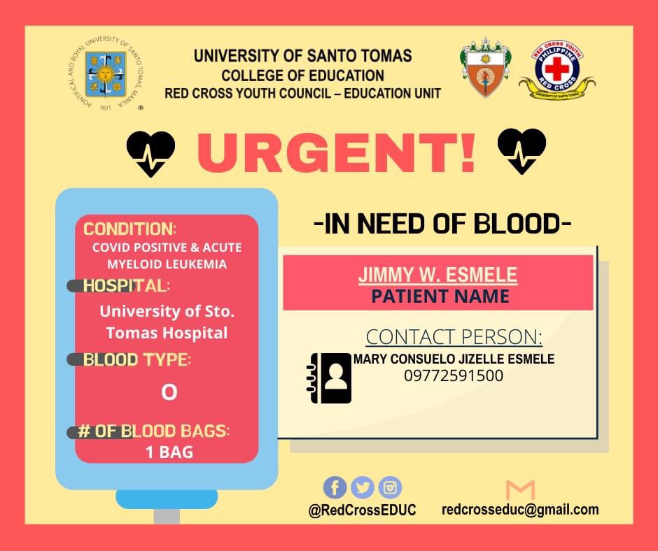 RedCrossEDUC's tweet photo. URGENT 📢 💉

Jimmy M. Eswele is admitted in University of Sto. Thomas Hospital and is in need of 1 bag of O blood.

Willing donors may contact Mary Consuelo Jizelle Esmele at 09772591500.

#REDefiningService
#RCYCEduc2122 https://t.co/SBpoTXiMuo