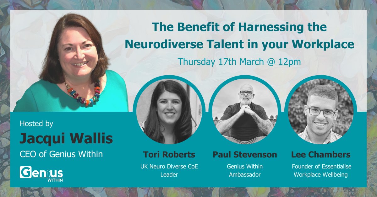 jacquiwoz's tweet photo. I am looking forward to hosting on this important topic. We have some amazing voices to add to the conversation @ToriRoberts @goldylookfleece and Lee Chambers - and we would love to have you there as well. @geniuswithinCIC  https://t.co/Tpaoz4NHM1
#neurodiversity #Talent https://t.co/J89UywFTiJ
