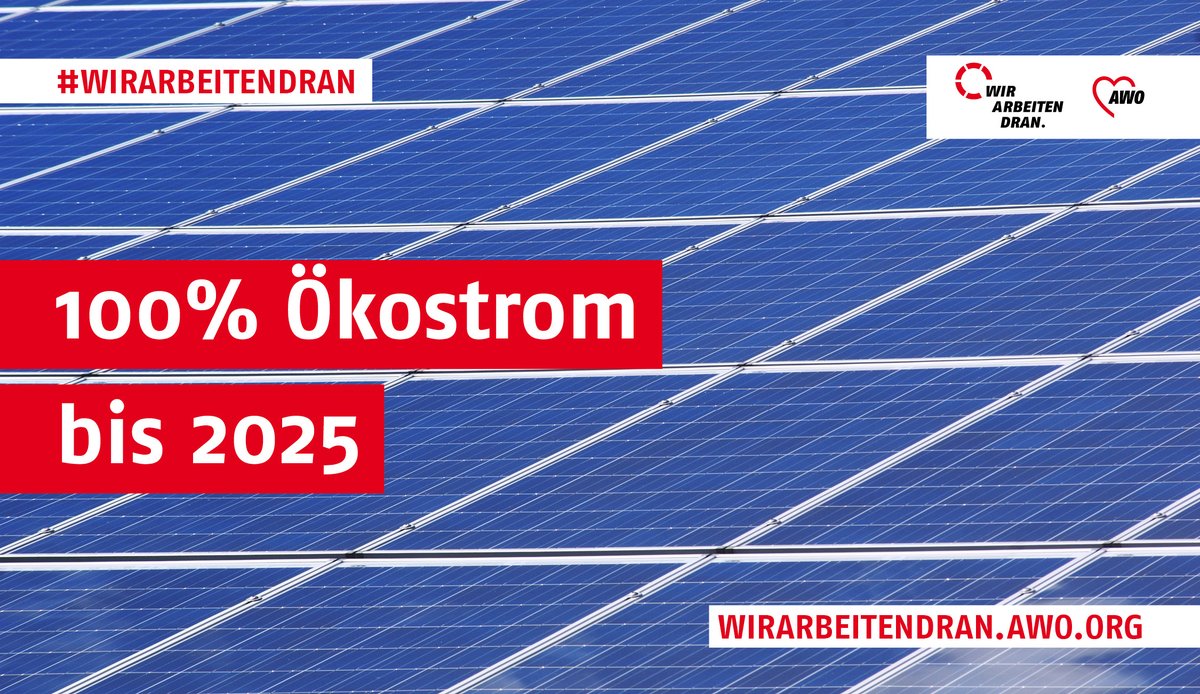 Wir werden spätestens 2025 alle Einrichtungen mit Strom aus 100% erneuerbaren Energien versorgen. Durch eigene Erzeugung oder den Bezug von Ökostrom. Für die Auswahl orientieren wir uns an den Kriterien des @GSL_eV. #WirArbeitenDran wirarbeitendran.awo.org