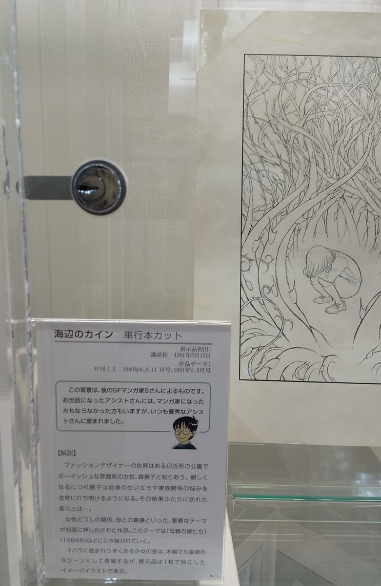 米沢嘉博図書館で開催中 #樹村みのり 展の「海辺のカイン」の原画(写真①)について、説明パネルに「単行本カット」と記されています(写真②)
確かに単行本ではⅡ章とⅢ章の間、左右頁調整の空白頁を埋める位置にある(写真③)ため「単行本収録時に新たに追加されたのかな」とも思えますが(続く) 