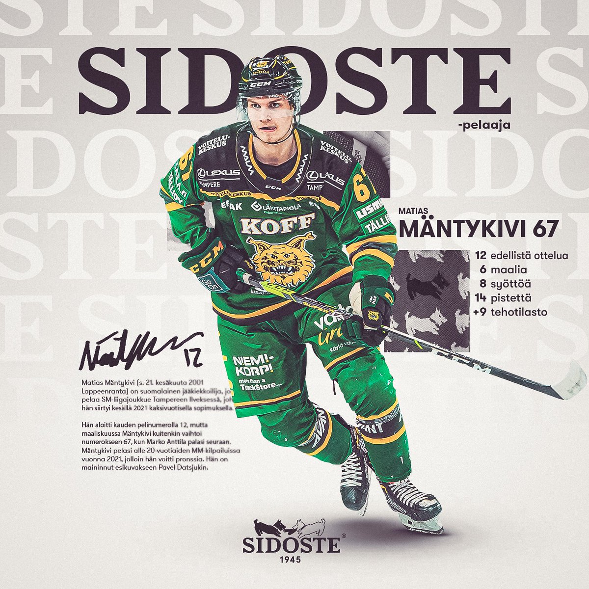 ilveshockey's tweet photo. Hyökkääjä Matias Mäntykivi on tehnyt edelliseen 12 otteluun 14 (6+8) tehopistettä! 🔥
🧦 @sidoste | https://t.co/hJCuaANe6A
🏒 Ke 9.3. Ilves-SaiPa
🎟 Liput: https://t.co/NFutJkl86y
#Ilves #Liiga #Sidoste https://t.co/9BskdZglHm