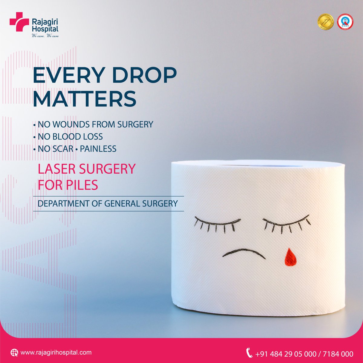 Every Drop Matters. Department of General Surgery at Rajagiri hospital provides Laser Surgery for Piles. 
For appointments call 0484 2905111 / 7184111.
#RajagiriHospital #lasertreatment #laser #PilesTreatment #fistulatreatment #piles #fistula #lesspain #health