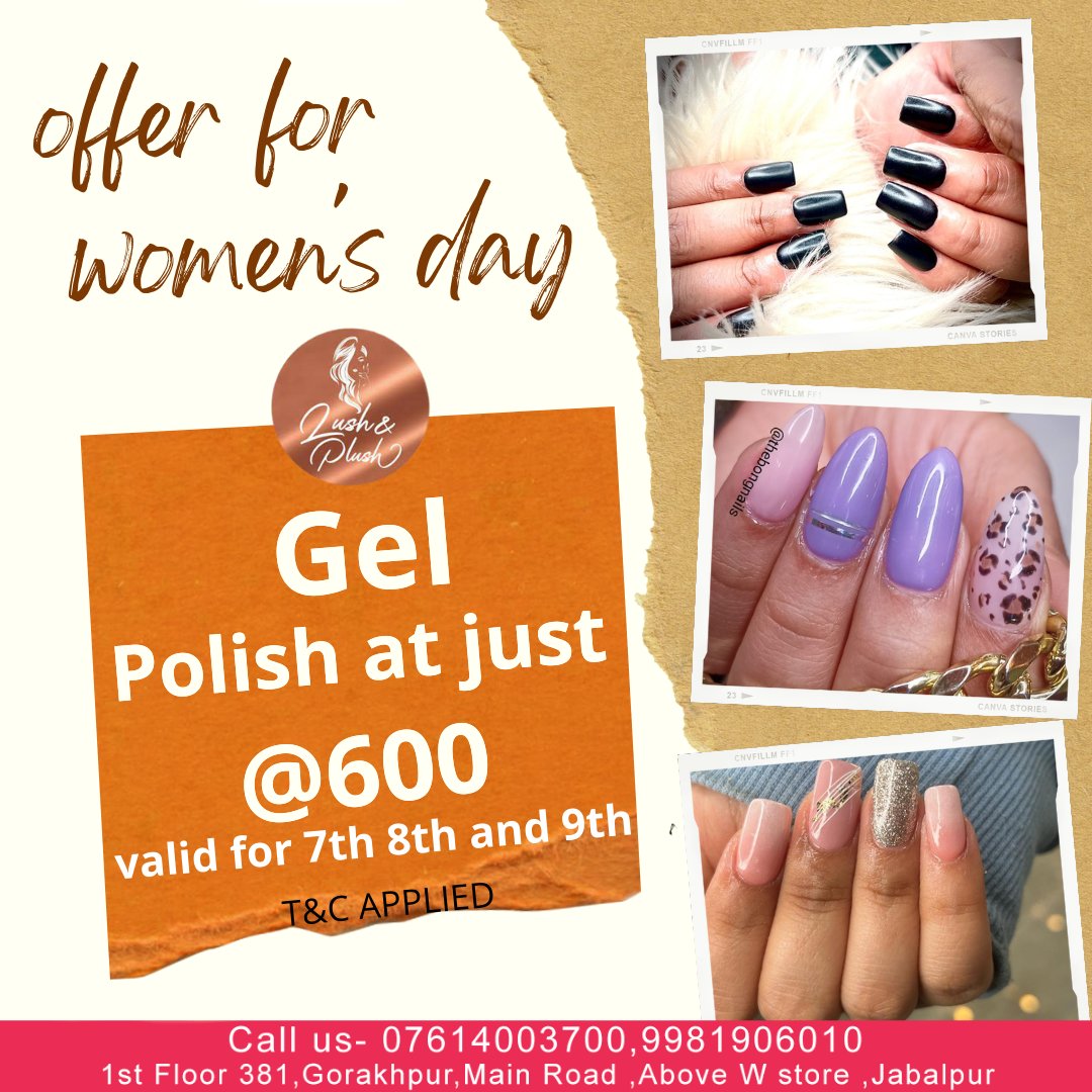 StudioLush's tweet photo. Offer for women's day
Gel polish at just @600
Valid for 7th 8th and 9th
✅Book your consultation online
✅Call or WhatsApp: 07614003700,9981906010
#lushplush #nailextension
#nailswag #instagood #nails
#nailarts #nailartslover
#lush&amp;plush #trendingnailarts
#naildesignoftheday https://t.co/zo0Q01TGns