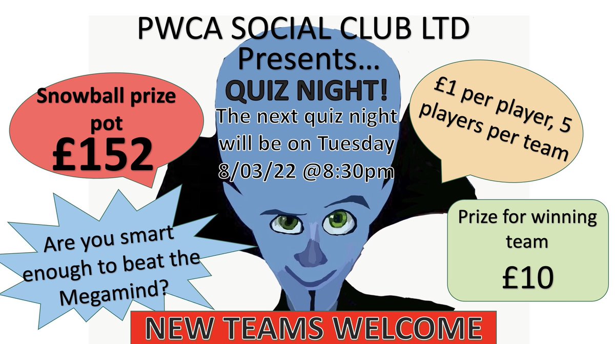 pwca_rainham's tweet photo. QUIZ NIGHT TOMORROW ‼️

£1 per player, 5 players per team ✍🏼

Prize for winning team £10

Snowball prize pot £152💰

NEW TEAMS ALWAYS WELCOME 📝 https://t.co/9MUlDJuwf9