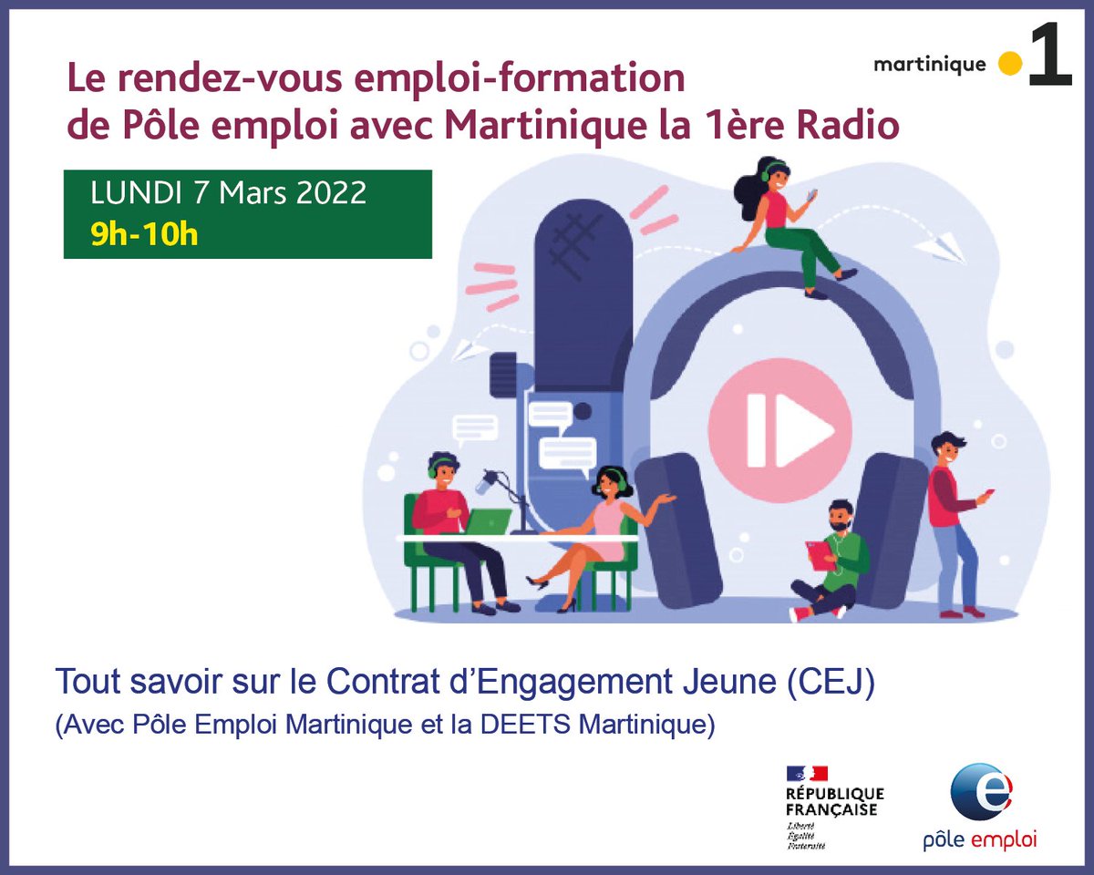 Rendez-vous ce lundi 7 à 9h sur l'antenne de <a href="/Martiniquela1e/">Martiniquela1ère</a> radio pour découvrir le Contrat d'Engagement Jeune (#CEJ):
➡️1 parcours entièrement personnalisé
➡️1 accompagnement de 6 à 12 mois avec un conseiller
➡️1 programme intensif : 15 à 20 h/semaine avec différentes activités