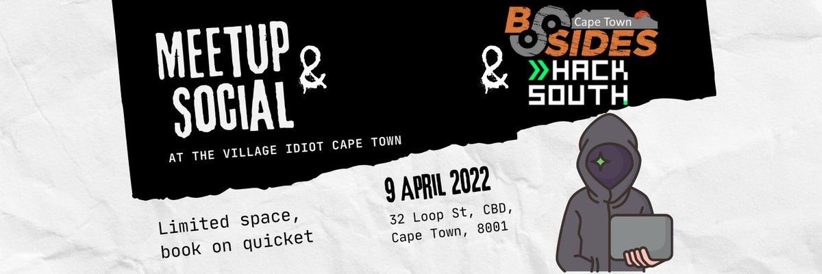 BSidesCapeTown's tweet photo. We are partnering with @hack_south and excited to host a in person meetup and social 9th of April in Cape Town. At the Village Idiot in Cape Town. Food & drinks provided.
Tickets: https://t.co/wn1EqrNMoQ
See you there!
#infosec #bsidescapetown #hacksouth #za #cpt #zatech https://t.co/AouiA7jxpy
