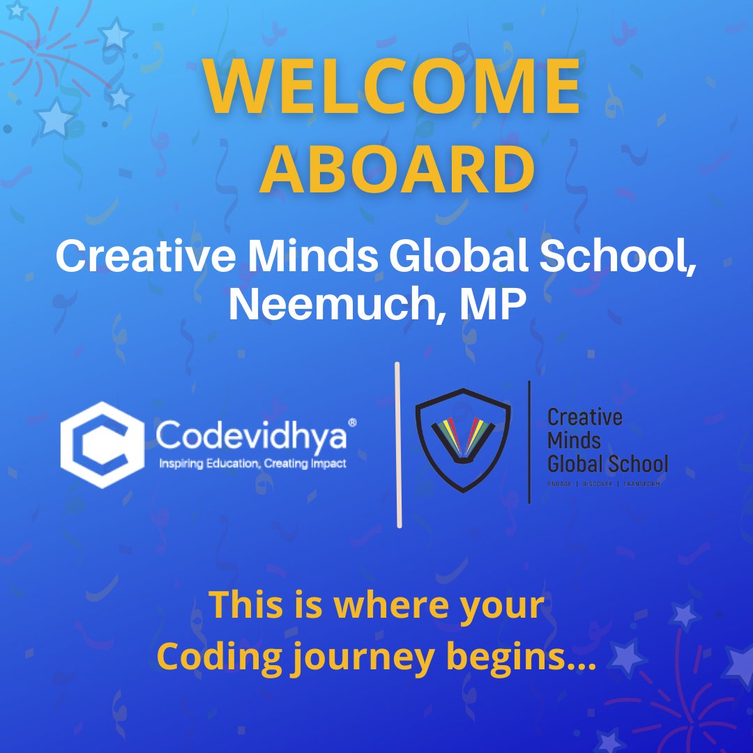 Codevidhya (@codevidhya) on Twitter photo Cheers to the new beginning!
We are delighted to collaborate with Creative Minds Global School, Neemuch, Madhya Pradesh. Awaiting great experiences ahead.
Coding is the future & the future is at <a href="/Codevidhya/">Codevidhya</a>!
#codingforkids #schoolcoding #Neemuch #codingisfun #collaboration Cheers to the new beginning!
We are delighted to collaborate with Creative Minds Global School, Neemuch, Madhya Pradesh. Awaiting great experiences ahead.
Coding is the future & the future is at <a href="/Codevidhya/">Codevidhya</a>!
#codingforkids #schoolcoding #Neemuch #codingisfun #collaboration