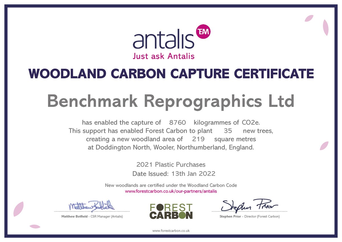 Following on from our post on Linkedin (which didn't get posted on here for some reason) we are happy to have received our plastic carbon capture certificate from <a href="/Antalis_UK/">Antalis</a> . One more step on our journey to becoming carbon zero!

#carbonzero #benchmarkrepro #Sustainability