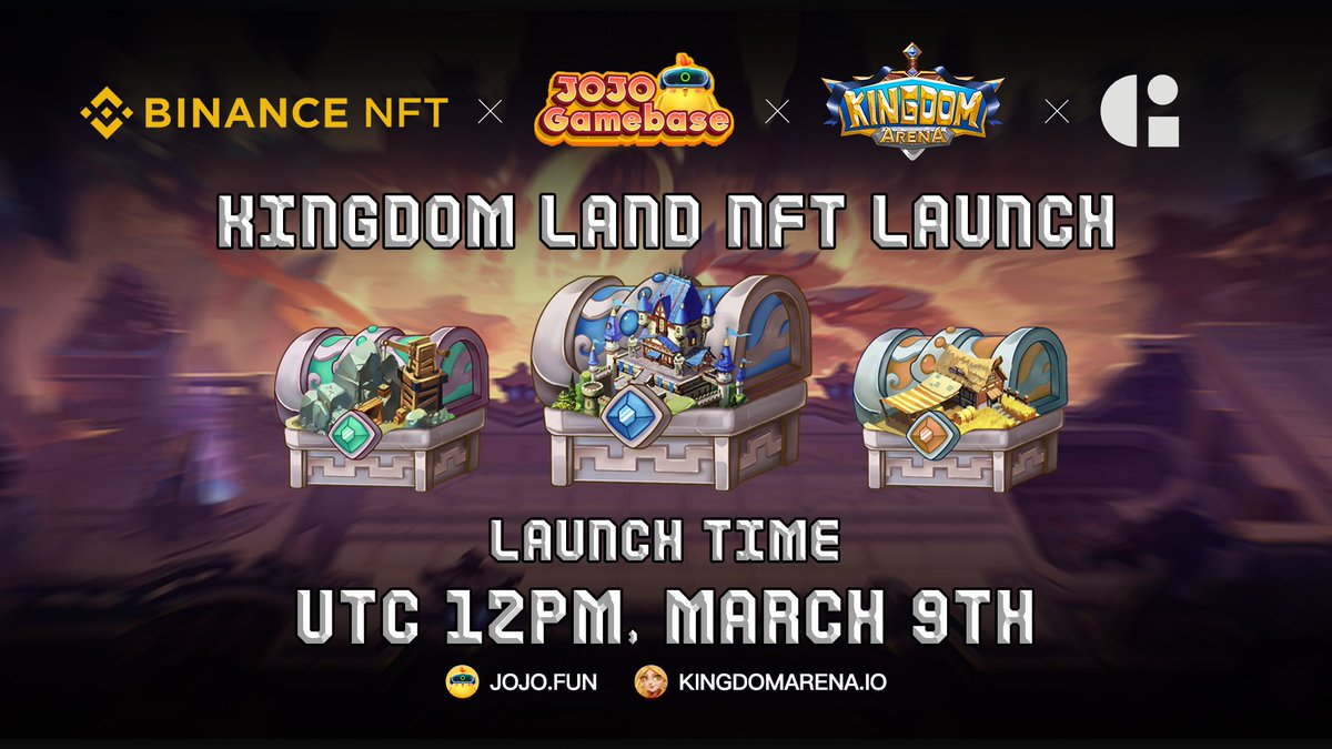 📣Kingdom Land will launch at <a href="/GallerNFT/">Galler | NFT Marketplace</a> as Galler's first blind box selling partner 

🔥2499 LAND Boxes will be sold for 0.32 $BNB 

🐣Create your own Kingdom in #KingdomArena incubated by @JOJOMetaverse 

⏰Time: UTC 12PM, Mar 9

#BSC #NFT #GallerNFT #BinanceNFT #GameFi