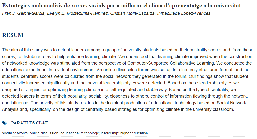 REALIA10174486's tweet photo. #Estratègies amb #anàlisis de #xarxessocials per a #millorar el #climadaprenentatge a la #universitat
Per @GarciaFranJ, @EvelynMoctezum8, @Cristian_Molla, @Inmalopfrac
https://t.co/PtmN9oWl3g
cc @CdCienciaUV @EducacionXX1 @uaemorelos https://t.co/9xHRxn6FVi
