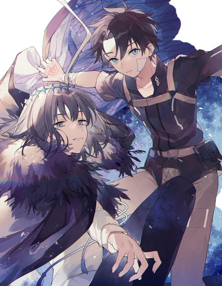fujimaru ritsuka (male) ,fujimaru ritsuka (male) (polar chaldea uniform) ,oberon (fate) blue eyes multiple boys 2boys black hair male focus insect wings wings  illustration images