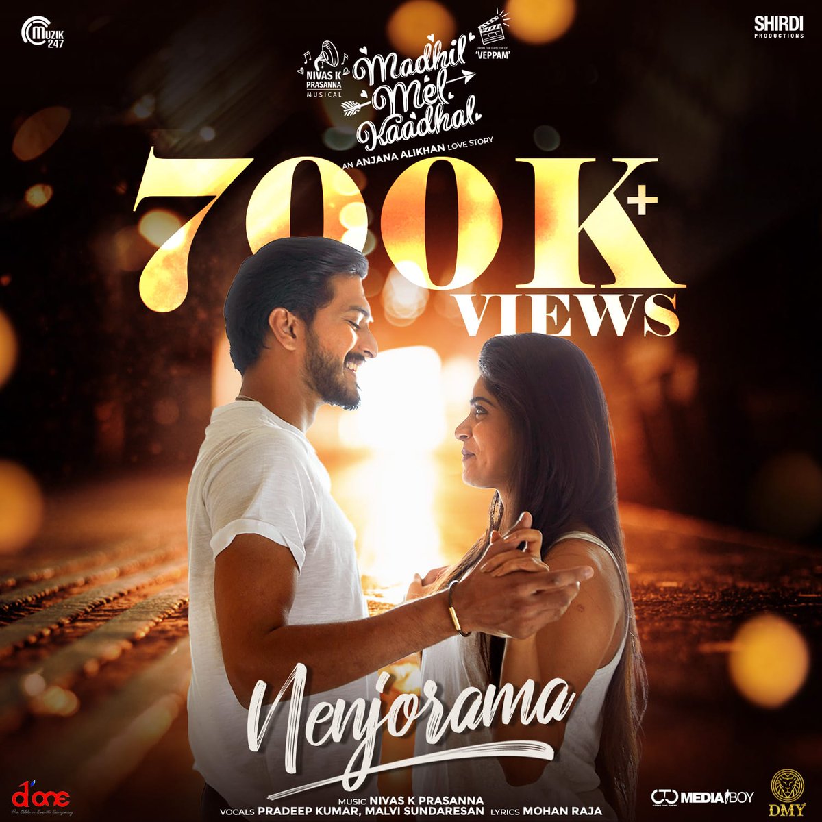 #ShirdiProductionNO2 
#MadhilMelKaadhal Update❤️
#Nenjorama
700K+ Views on YouTube 
From the director of 'Veppam'

#MMK @themugenrao @divyabarti2801
@ShirdiProdn @AlikhanAnjana
@nivaskprasanna @goutham_george 
@editoranthony @ssakshiagarwal @kayoas13 @pradeep_1123