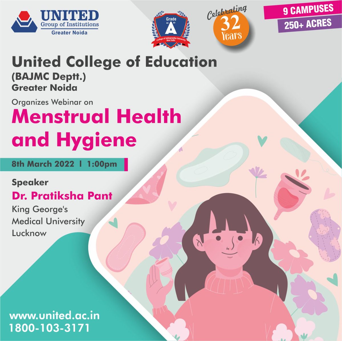 The BA(JMC) department of the United College of Education, affiliated to GGSIPU is organizing a webinar on the occasion of International Women's Day 
#UnitedCollegeOfEducation #UCE #UnitedGroupOfInstitutions #UGI
#InternationalWomensDay2022
#MenstrualHealthAndHygiene #WomensDay