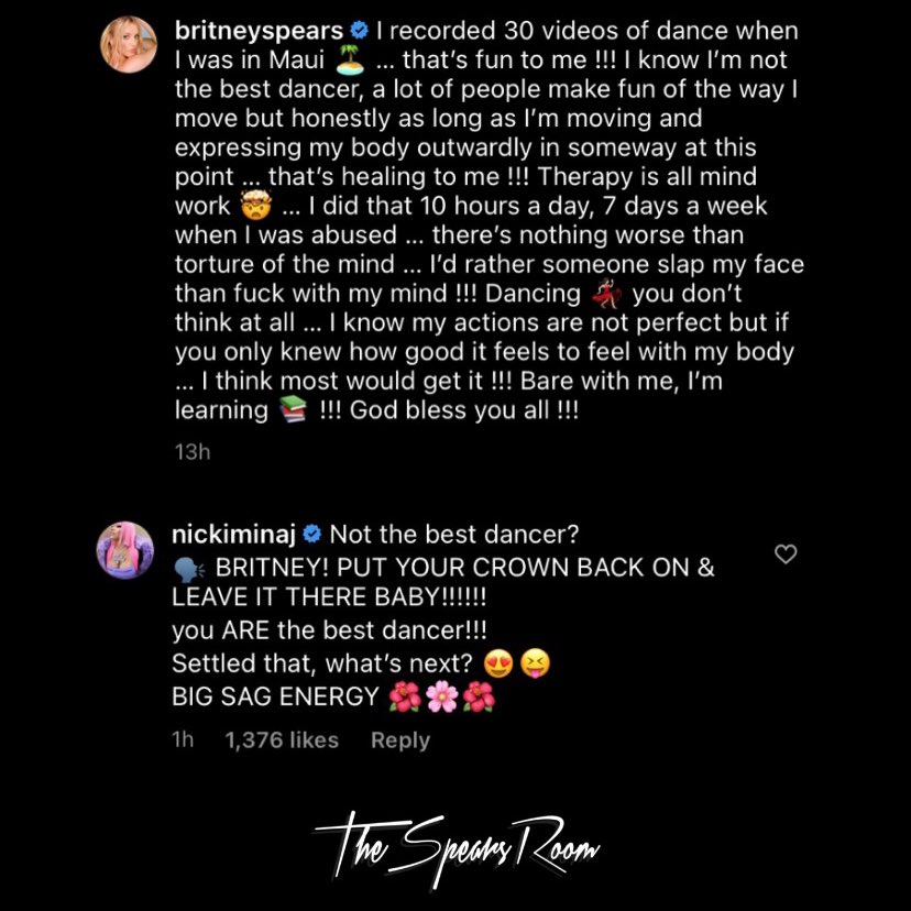 TheSpearsRoom's tweet photo. Britney Spears explained how dancing has always allowed her to express herself and helps her heal. She has also became fully aware of the way people mock her.
π€ | Nicki Minaj replied under her post: βBRITNEY! PUT YOUR CROWN BACK ON & LEAVE IT THERE BABYβ https://t.co/dnJWhT1esa