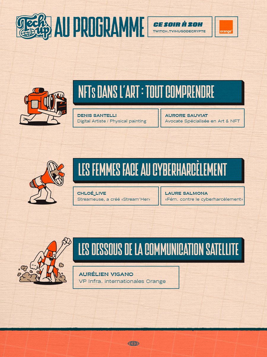 mashup_talk's tweet photo. Ce soir RDV pour la 2ème de Techup, une émission hors série de Mashup dédiée à la Tech et en partenariat avec @orange. 😎

On parle de NFT, de cyberharcèlement et des communications satellites avec nos invités. 

On se retrouve juste ici à 20H 👇🏽
https://t.co/98H3mvmDKG https://t.co/wWYyKhIzgP