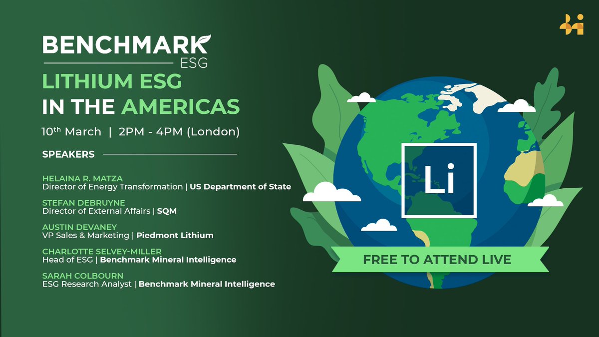 sdmoores's tweet photo. Lithium #ESG in the Americas: join our free webinar this Thursday @ 2pm GMT / 3pm CET / 9am EST 🇺🇸/ 11am 🇨🇱 🇦🇷 

Welcoming excellent speakers from US Dept of State, SQM, @PiedmontLithium and Benchmark’s @charlotteselvey @ColbournSarah 

Join 👉https://t.co/lqFGUUYac2 https://t.co/nsvp2geyB5