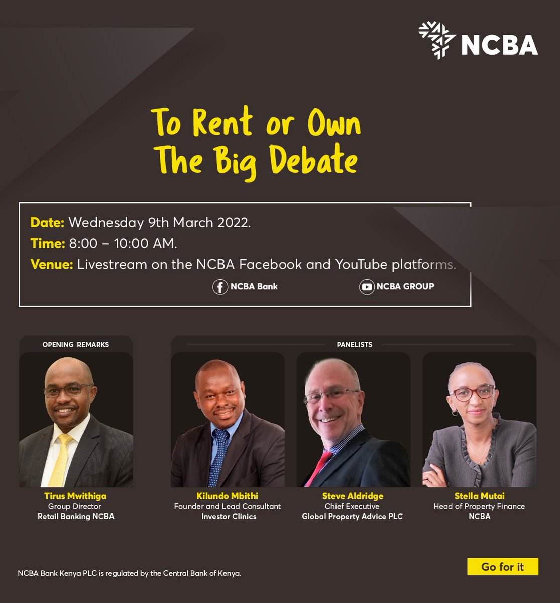 NCBABankKenya's tweet photo. Where do you see yourself residing in the future?
A spacious house you aspire to own or an apartment that you rent? Join our experts on Facebook and Youtube Live, this  Wednesday, March 9th, 2022 at 8am as we tackle this critical topic. 
#NCBAPropertyFinance #Goforit https://t.co/XQkan0uMKH