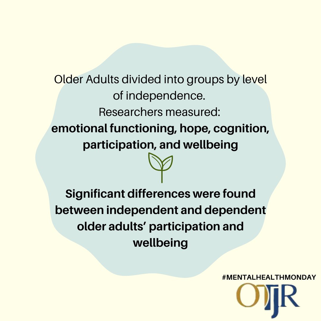 OTJRJournal's tweet image. Welcome to the kickoff our new themed content! 

It is #MENTALHEALTHMONDAY and today we are looking at the contributions of #emotionalfunctioning and #hope on healthy #aging

What role does #OT play?

ow.ly/8KAn50I9tKa

#OTResearch #occupationaltherapy #OTD