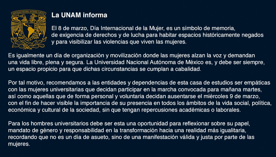 UNAM_MX's tweet photo. #BoletínUNAM La UNAM informa > https://t.co/Aq8XGfWGes
#IgualdadDeGéneroUNAM https://t.co/PNLKp2IYoE