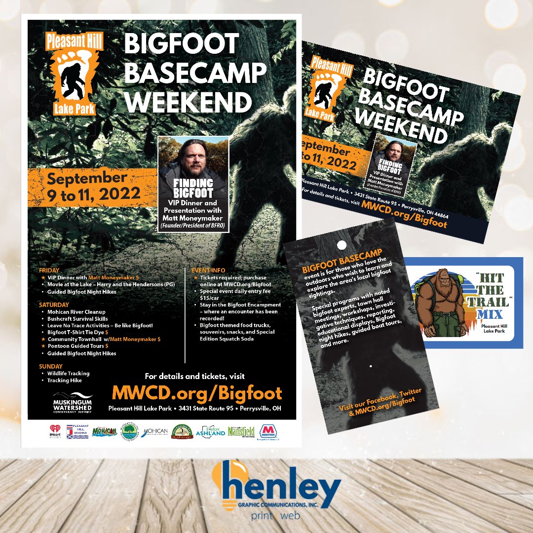 henleygraphics's tweet photo. Have you heard about Bigfoot Basecamp Weekend at Pleasant Hill Lake Park? This event features Matt Moneymaker from "Finding Bigfoot". We put together these marketing materials (posters, postcards, labels, and hat pin holders. 
.
.
#henleygraphics #printing #graphicdesign #mwcd # https://t.co/EFjNvxPAib