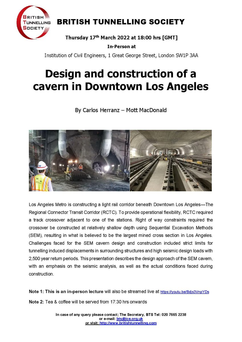 On the 17th of March 2022, Carlos Herranz from Mott MacDonald, will give us a lecture on the design and construction of a cavern in Downtown Los Angeles.

Time: at 18:00 hrs [GMT]
In-person at: ICE, 1 Great George Street, London SW1P 3AA
Online at: buff.ly/3K7JEjj

#BTSYM