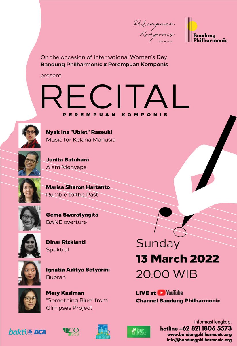 Merayakan #InternationalWomensDay Bandung Philharmonic &amp; Perempuan Komponis mempersembahkan 

Women Composer Weekend: RESITAL PEREMPUAN KOMPONIS

Catat tanggalnya:
📅Minggu, 13 Maret 2022 
🕰️8 PM
📺YouTube Bandung Philharmonic. 

GRATIS!!

Jangan lewatkan ya ✨